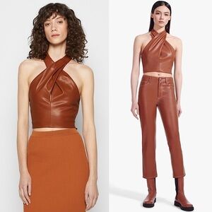 NWT STAUD 70s Vegan Leather Keyhole Twist Front Open Back Halter Tie Crop Top 10